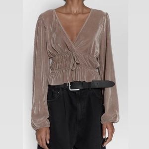 Zara Size Medium Plisse Pleated Top Worn Once Taupe Color Long Sleeve Shirt
